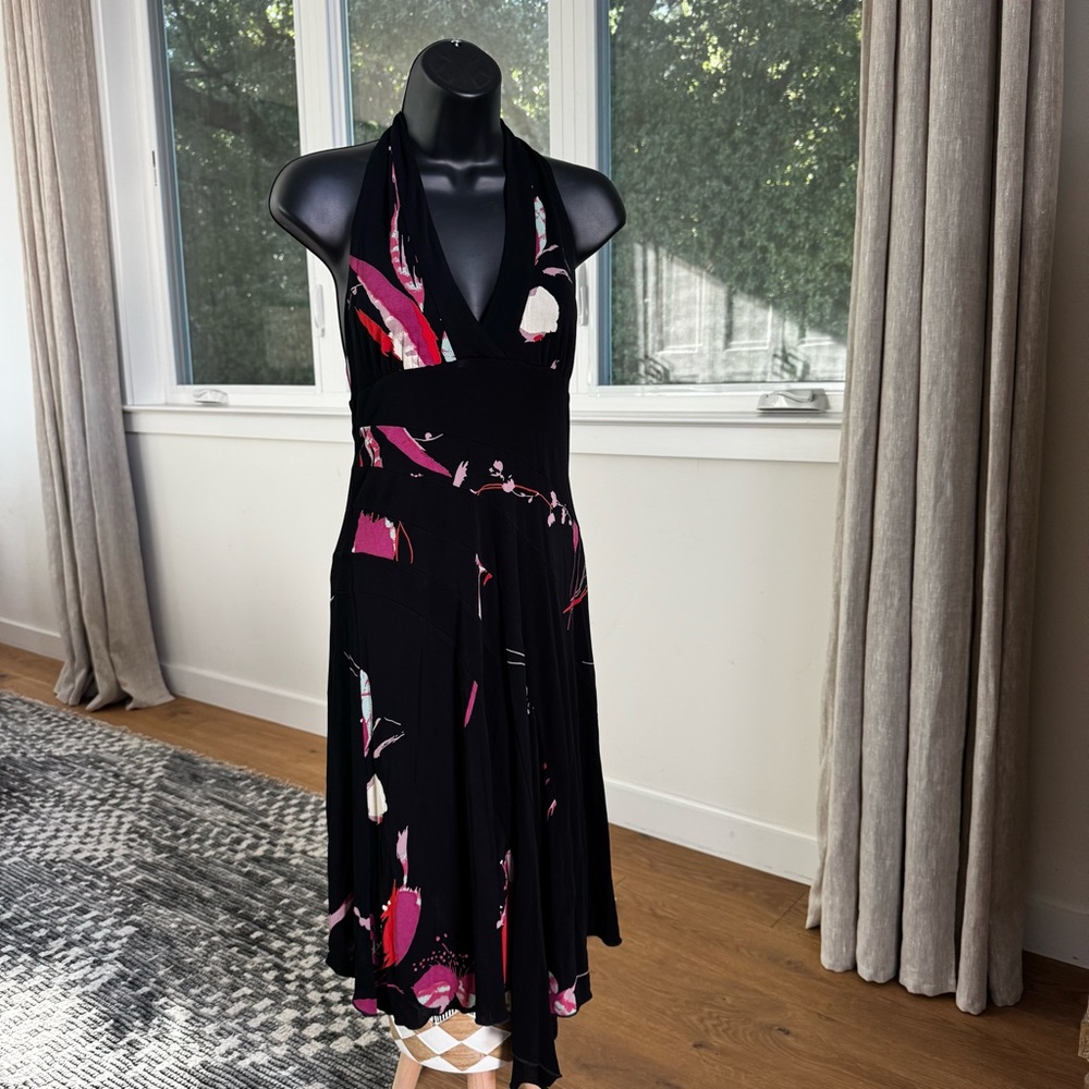 Y2K Vintage Black Pink Floral Halter V Neck Dress Size M Asymmetrical Gilmore